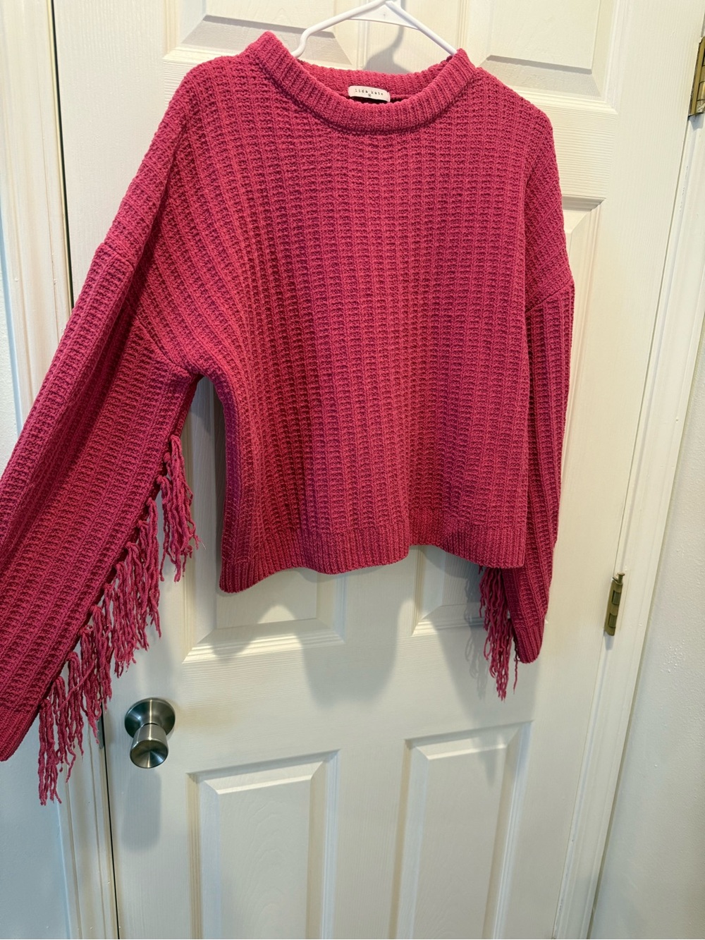 Fringe-Sleeve Waffle Knit Crew Sweater in Rose Pink
